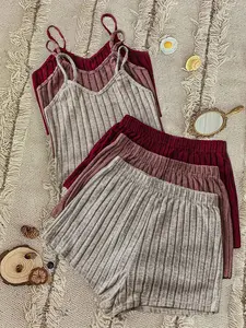 Women's Knit Six-Piece Set, Tank Top with Shorts, Summer Casual Clothing, Fitted Regular Length, Plain Pattern, No Ca Prop 65