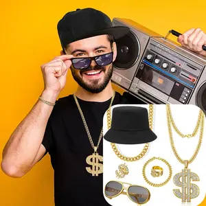 7 Pcs 80s 90s Hip Hop Costume Kit Rapper Accessories Outfit for Men Women Halloween Party