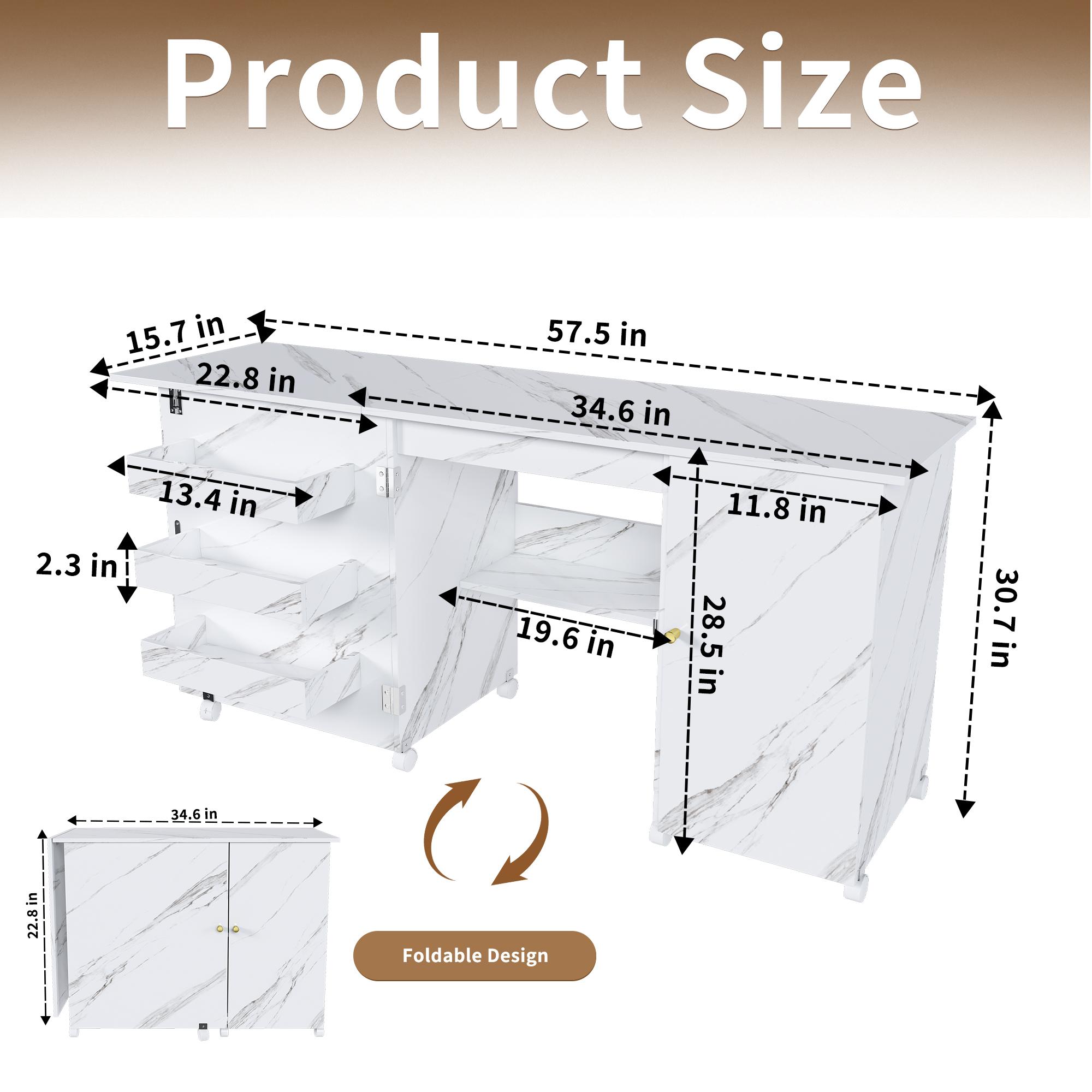 57.5" Foldable Sewing Machine Table with Locking Casters, Multi-Storage Craft Station with Shelves, Bins & Cabinet, Adjustable Sewing Cabinet for Home, Bedroom, and Craft Room(White)