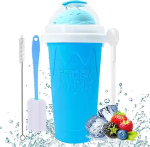 Slushy Cup - Tik Tok Magic Quick Frozen Smoothie Cup, Double Layer DIY Homemade Slushy Maker Cup, Food Grade Silicone Slushie Maker Cup with Spoon & Cleaning Brush for Kids, Birthday Gift - Blue