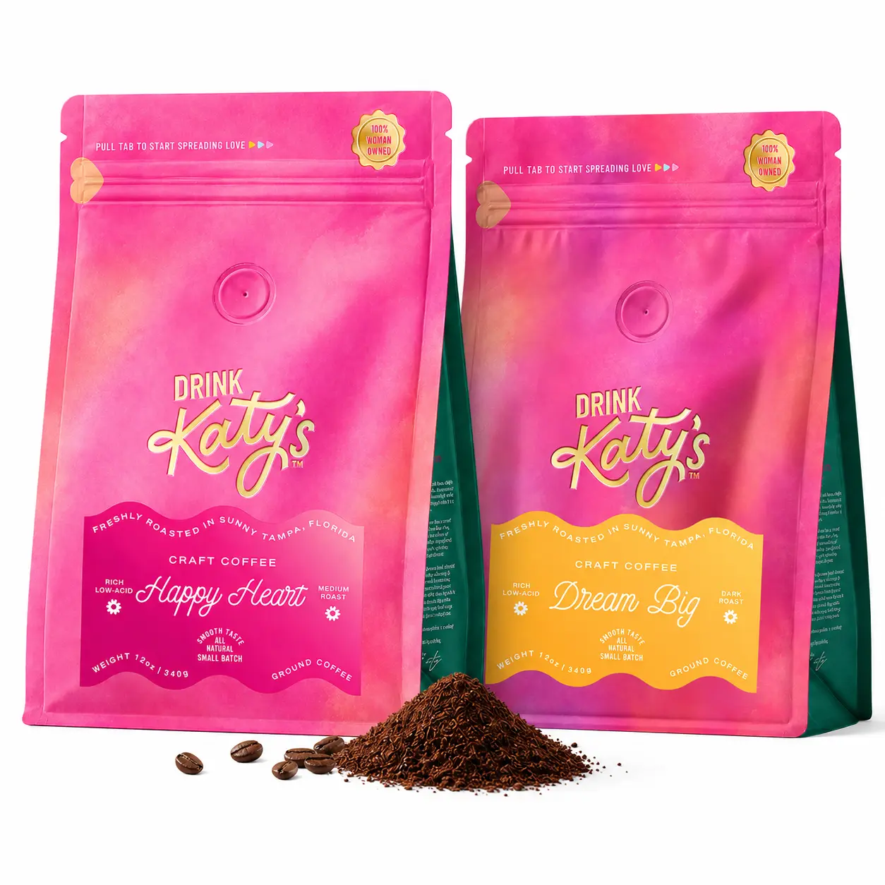 Katy's Coffee - Medium Roast/Dark Roast - Ground or Whole Bean - Handcrafted, Small Batch, Smooth, Low-Acid, Rich - 12oz Bag, 100% Woman-Owned