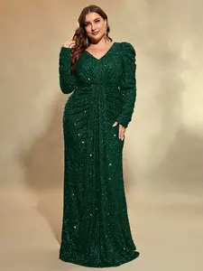 Elegant Evening Gown with V-Neck and Princess Sleeves, Sparkly Sequins, High-Quality Material, Perfect for Formal Events