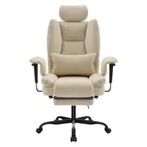 Office Chair Ergonomic 200 kg PU Leather Computer Chair with Lumbar Support and High Backrest, Ergonomic Desk Chair with Liftable Headrest, Beige