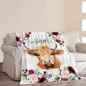 Cow & Floral Print Flannel Blanket, Multi-size Soft Throw Air-conditioned Room Blanket, Warm Nap Blanket for Home  Office Camping Travel