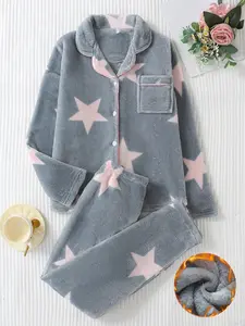 Women's Two-Piece Pajama Set of Plush Casual High-End Winter Warm Homewear with Star Pattern and Pocket Design Bottom Chic Loungewear Nightwear Top Womenswear Cozy Comfort in Every Stitch