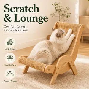 2-in-1 Cat Scratcher Lounge Chair, Curved Sisal Cat Scratching Bed with MDF Frame for Scratch, Rest and Lounge, Indoor Cat Furniture