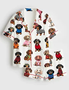 Women’s Dachshund Dog Lover Print Short Sleeve Silk Satin Pajama Set Soft Sleepwear