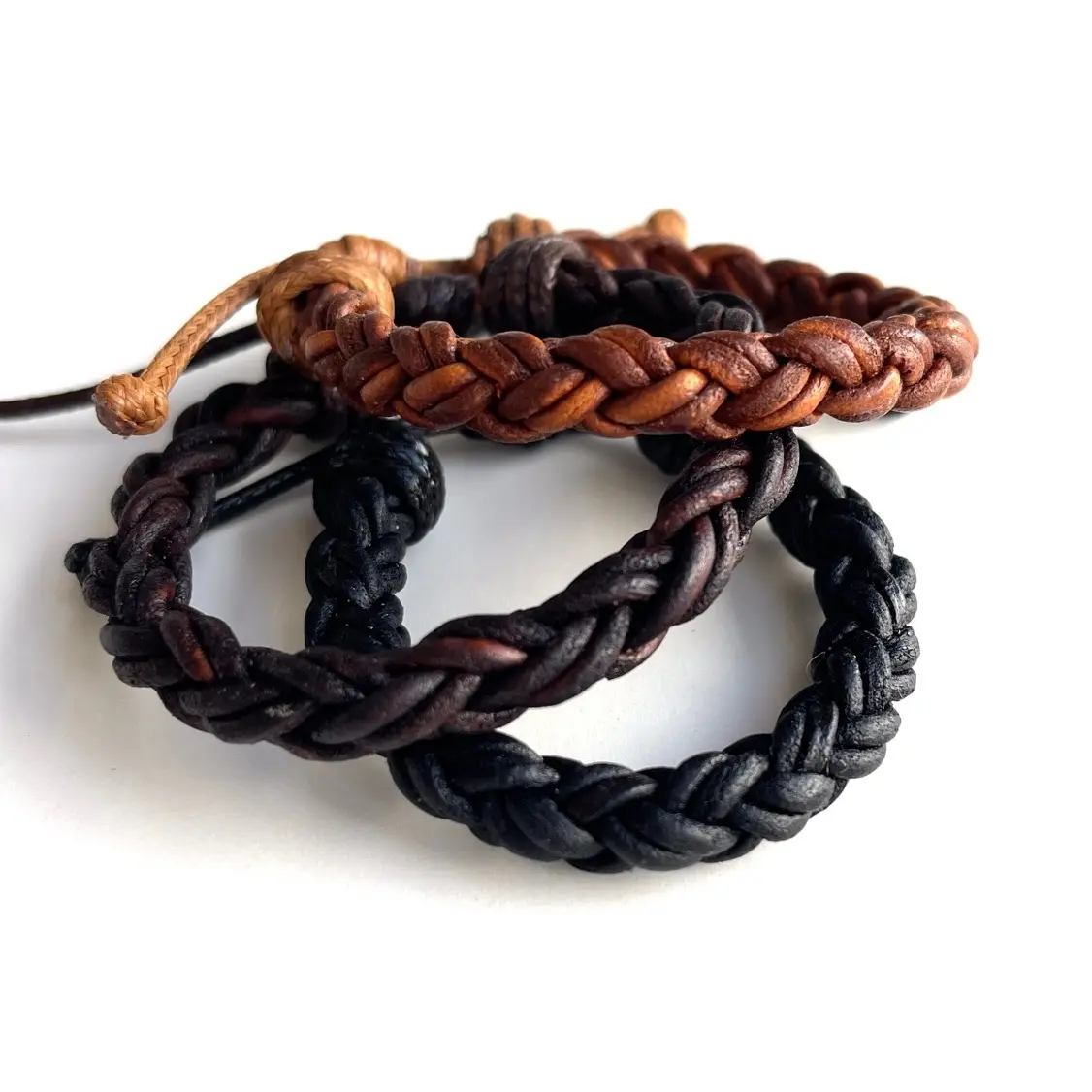 Braided Leather Bracelet Handmade Adjustable Woven Brown Black Boho Surfer Bracelet Gift For Him