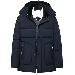 TJL Men's Black Quilted Detachable Hood Puffer Coat Longline Business Casual Jacket with Zippered Pockets Loose Fit Winter Outerwear Menswear Fashion