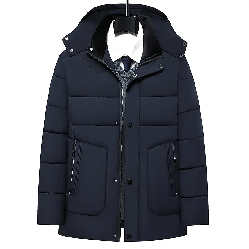 TJL Men's Black Quilted Detachable Hood Puffer Coat Longline Business Casual Jacket with Zippered Pockets Loose Fit Winter Outerwear Menswear Fashion