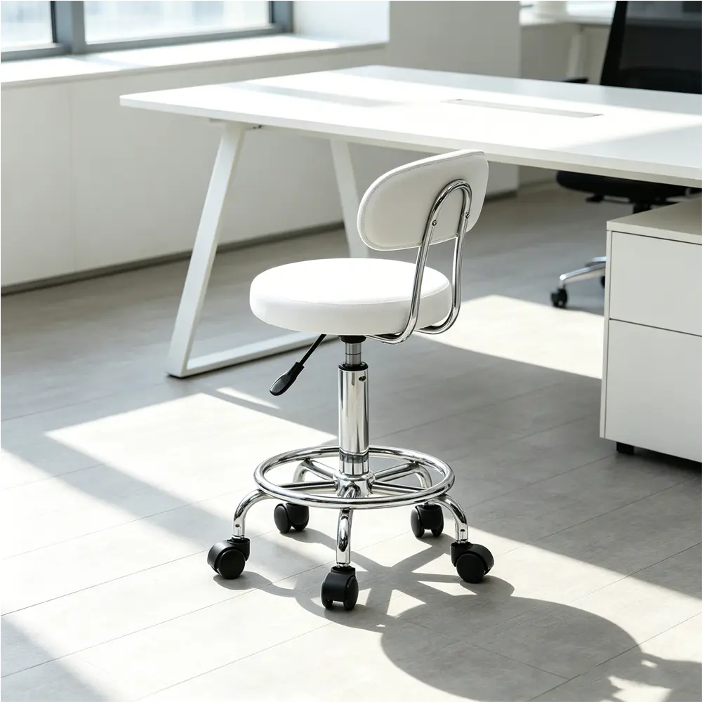 Modern White Adjustable-Height Round Office Stool with Backrest - 360-Degree Swivel, Sponge-Padded PU Leather Seat, Heavy-Duty, 13.39x13.39x32.87in, 18.5-24.21in Height Range, 8.82lbs, Assembly Required for Home Office Desk, Vanity Workstation, Round Stoo