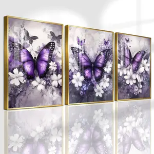 3 Count Aluminum Alloy Frame Canvas， Purple Butterfly And White Flower， Fashion Poster， Modern Living Room Decoration， Light Luxury Family Art， Suitable For Bedroom， Corridor And Office Wall Decor， Gift
