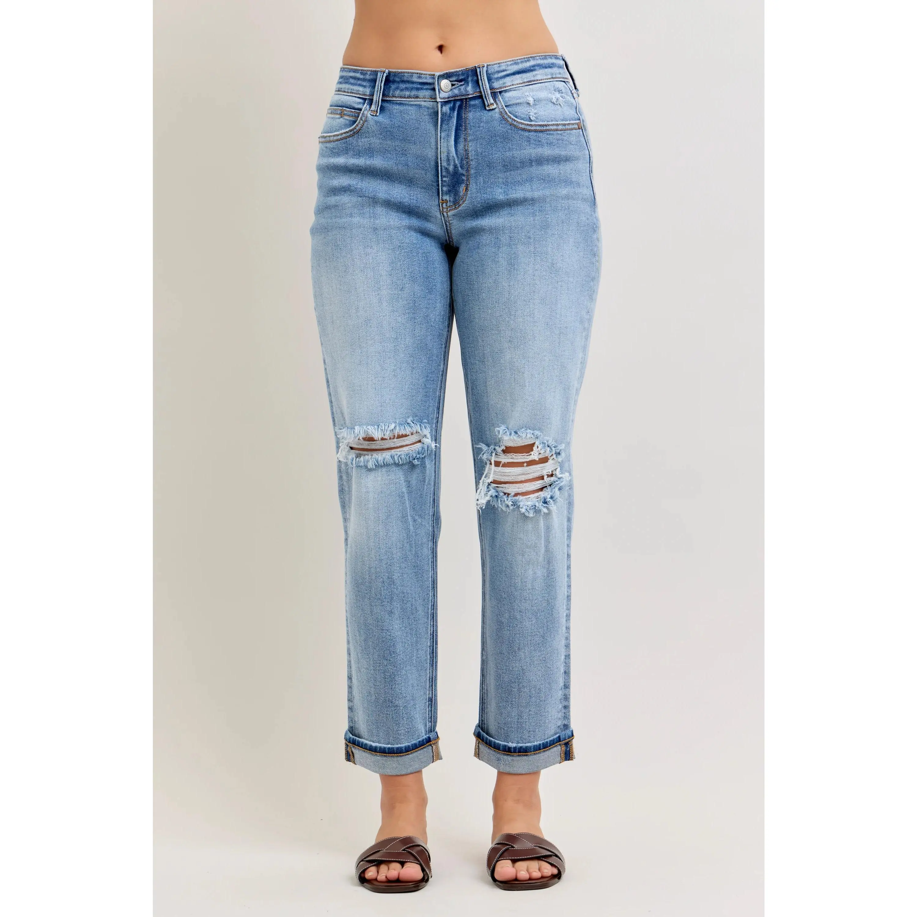 Judy Blue Women's Mid Rise Boyfriend Jeans - Casual, 14w, 18w, 22w, Full Length, Destroyed Deconstruction, Soft Stretchy Spandex Cotton Elastane Denim, Cuffed Hem, Relaxed Fit, Grunge Streetwear Pants