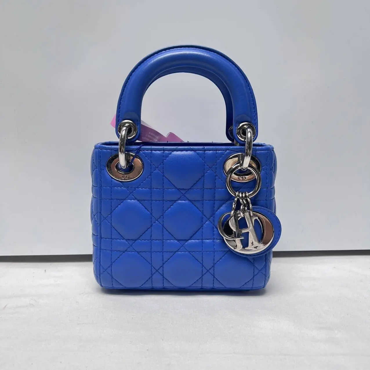 Pre-owned Dior Lambskin Crossbody Bags LadyDior Mini Cannage Quilted Blue