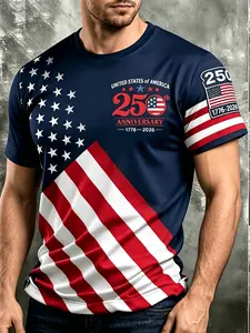 Men's Casual Sporty Short Sleeve Round Neck T-Shirt, Usa 250th Anniversary Flag Print, Polyester, Breathable, Slim Fit, Casual Athletic Apparel