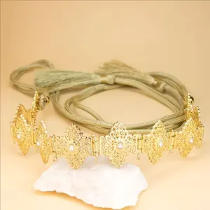 One Chic Middle Eastern Wedding Belt Moroccan Caftan Cord Belt with Yellow Tassels and Rhinestone Embellished Metal Women's Waistband