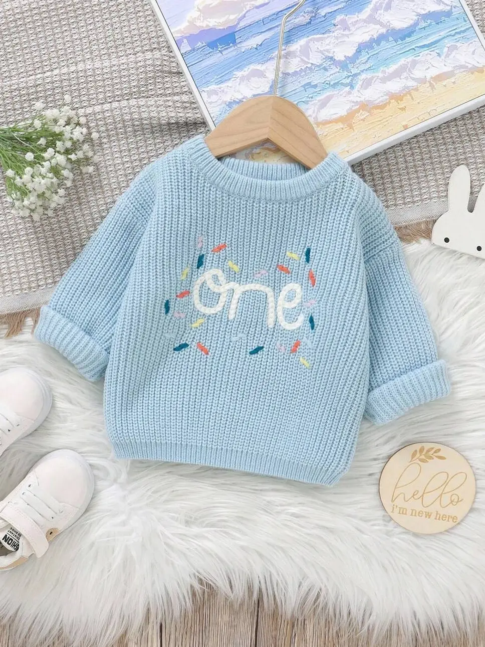 Souflis Souflis Baby Boy Light Blue Embroidered Pullover Sweater,Cute Round Neck Long Sleeve Knitted Jumper,Autumn First Birthday Gift One Year Solid Color Photoshoot