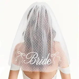Bride Veil Dotted Tulle | Bachelorette, Bride To Be, Bridal Shower, Engagement Party, White, Embroidered Bows, , Polka Dots, Girly