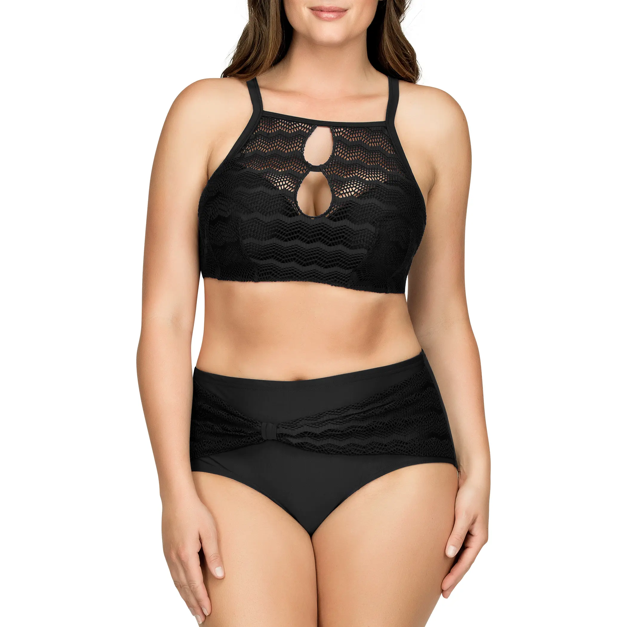 PARFAIT KEIRA BIKINI SET - S8071 WOMENS HALTER BIKINI TOP CROCHET UNDERWIRE SUPPORT SWIMWEAR AND S8075 HIGH-WAIST BIKINI BOTTOM WITH CROCHET LACE PANEL AND FRONT BOW DETAIL - BLACK
