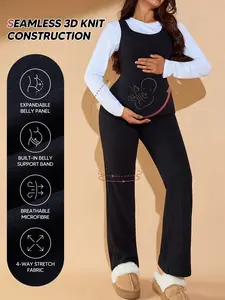 Maternity Ribbed Knit Jumpsuit for Pregnant Women, Stretchy Sleeveless Overalls with Back Support Bands & Flexible Fit, Soft One-Piece Long Pants for All-Day Comfort, Prenatal Maternity Clothing