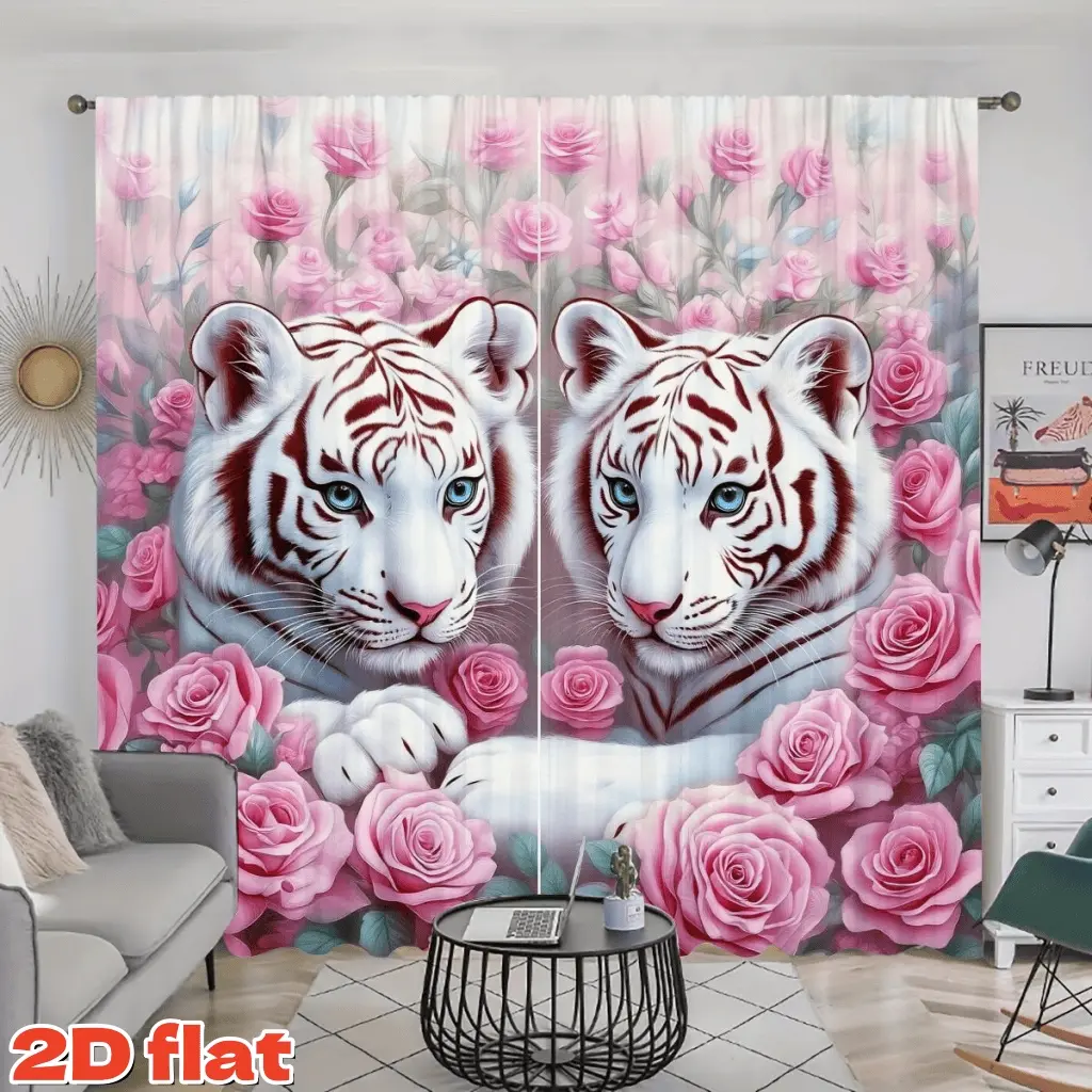 2D Flat 2Pcs Romantic White Tiger & Pink Rose Pattern Curtains, Rod Pocket Style, Semi Sunshade, Privacy Protection Window Drapes for Home Living Room, Bedroom, Balcony, Kitchen, Study, Bathroom Shower Decoration, Valentine's Day Gift