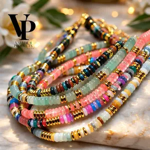 Valmaur Products Bohemian Colorful Natural Healing Flat Stone Beads Necklace Women Amazonite Agate Crystal Energy Stone Choker Necklace