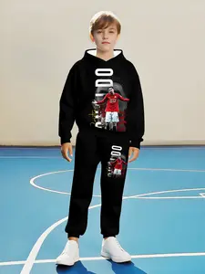 Boys C Ronaldo Hooded Sweatshirt Set, Spring & Fall Casual Style, Cool Athletic Sports Design, Children Friendly Two-Piece