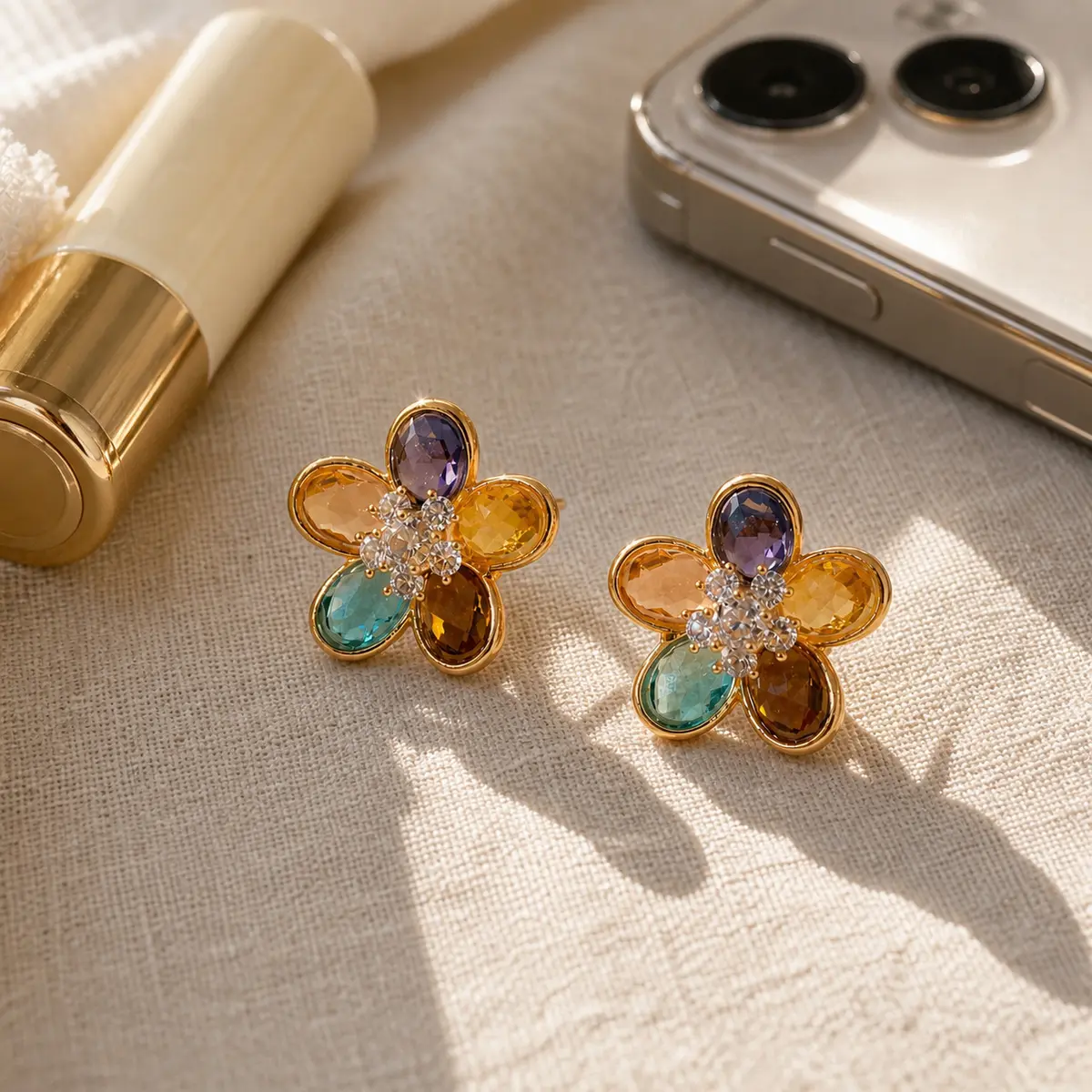 Women's Non-Natural Crystal Floral Stud Earrings - Female Jewelry with Colorful Gemstones, Gold Metal, Dainty Luxury Design, Elegant Gift for Birthday, Mother’s Day, Valentine’s Day