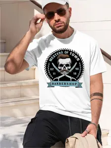 Barbershop Skull Logo Cool Edgy for Perfect for Haircuts Styling with White Barber Accessories 2026 new model Black/White Tee Stylish & Comfortable Casual Loose Crew Neck Short Sleeve T-shirts Versatile On