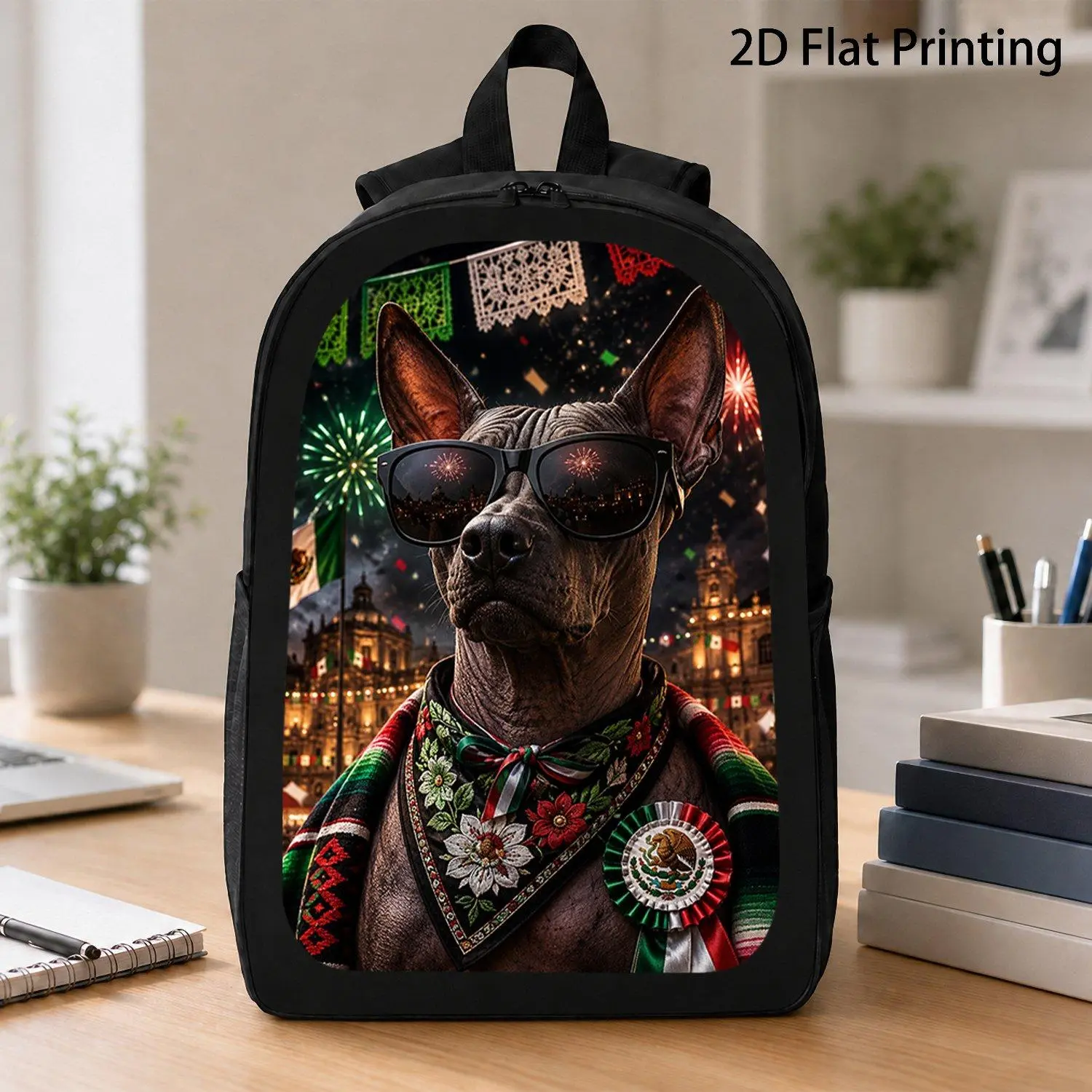[17 Inch Backpack] 1pc Cool Xoloitzcuintli Dog Mexican Festival Sunglasses Print Backpack Popular Fiesta Firework Paper Banner Design Student Laptop Backpack