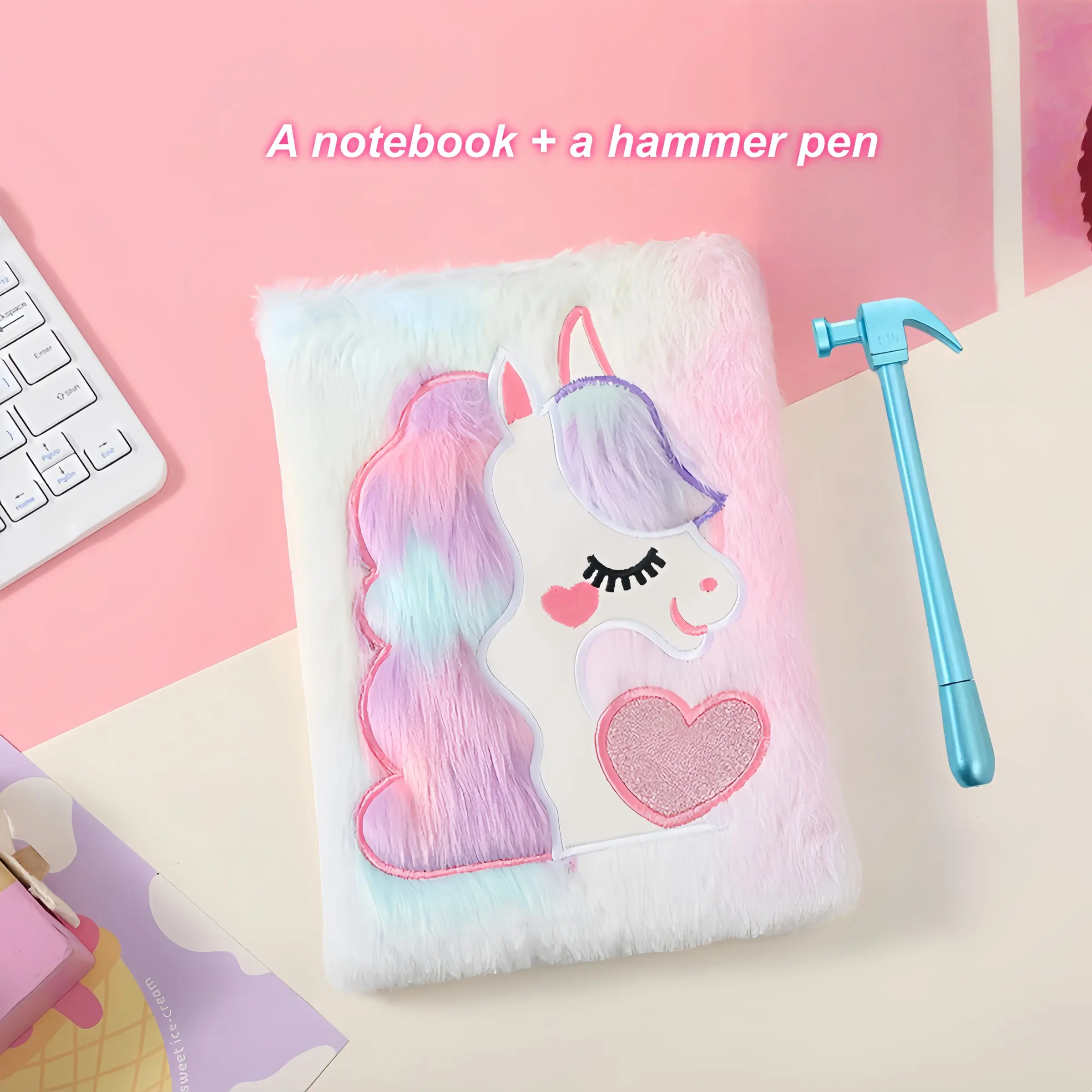 1pcs Plush Notebook + Hammer Pen, Macaron Color Girl Diary Book, Student Cartoon Hand Account Book, Office Christmas Gift, Back-To-School Present