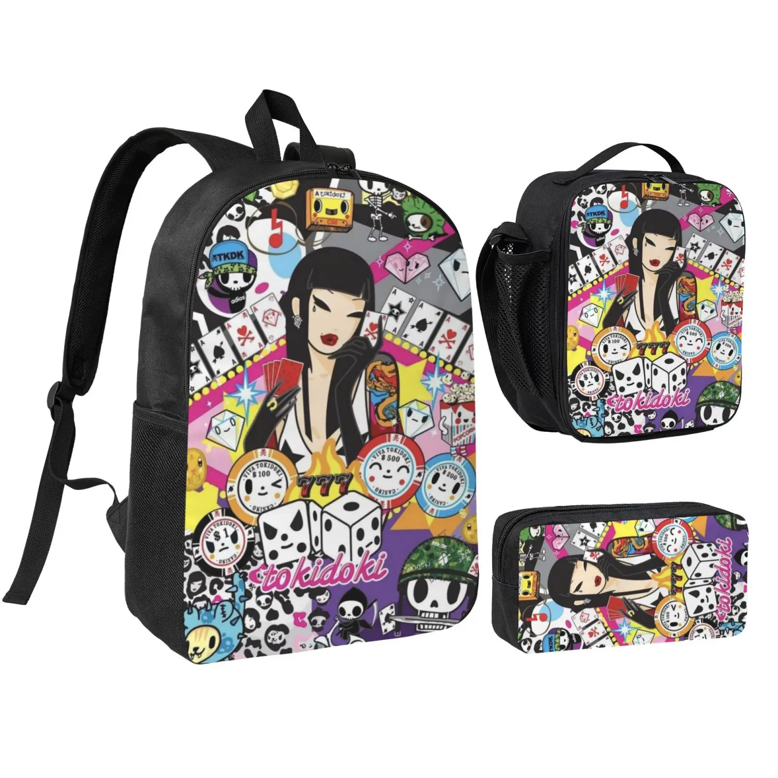 3-Piece Tokidoki Print Backpack Set for Girls & Teens, Unisex Water-Resistant Bookbag with Insulated Lunch Box for School, Travel & Hiking