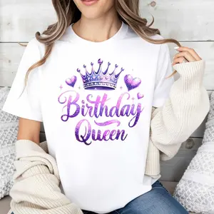 Casual Fashion Women's T-Shirt Birthday Queen Crown And Hearts Design For Everyday Wear And Celebrations Perfect Gift For Her