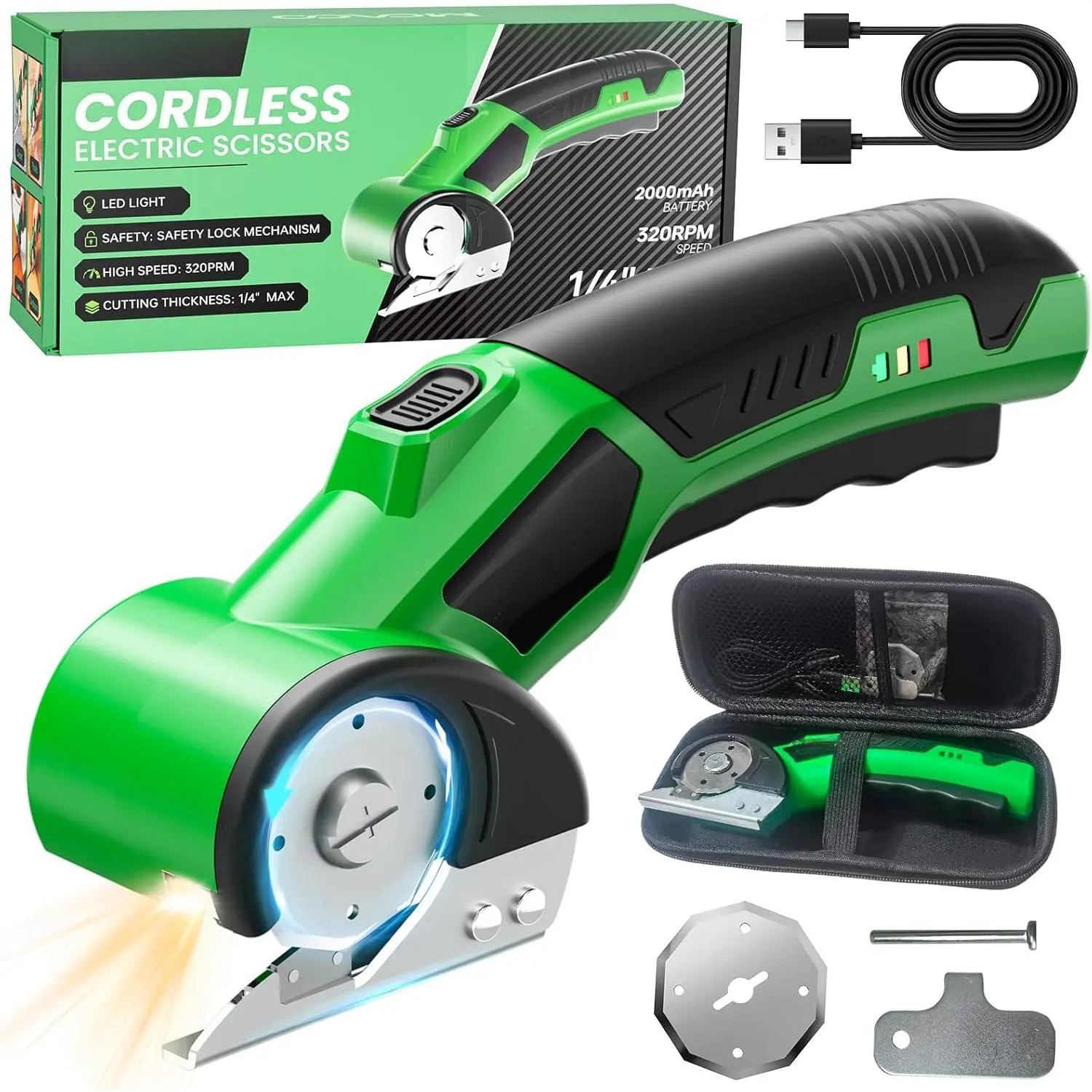 4V Rechargeable Cordless Electric Cardboard Cutter with 2 Blades, Safety Lock Feature, LED Light, USB Cable, 1/4 Inch Max Cut, Powerful Tool for Cardboard, Plastic, Sewing Supplies Crafts, Office Use, Ideal for Adults