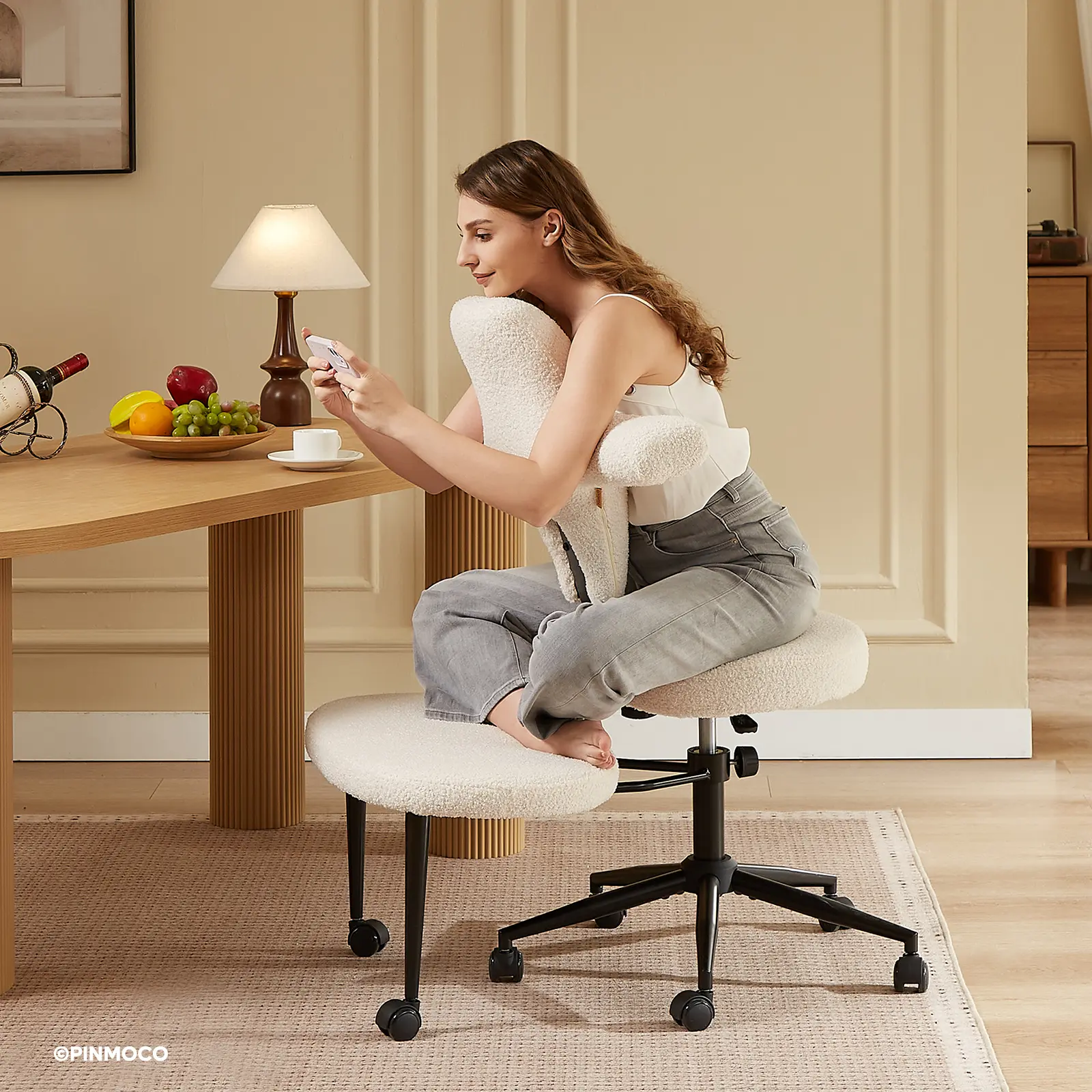 Pinmoco Extra Wide Ergonomic Office Chair - Criss Cross, Swivel, Adjustable Height, Teddy Fabric, Reversible Seating, Ideal for Home Office Setup, WFH Setup, Meditation Furniture