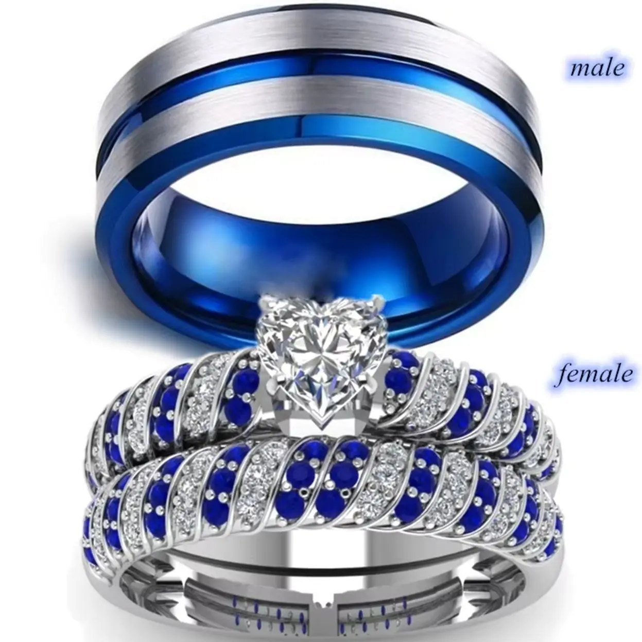 Heart Zircon Couple Ring Set, Elegant Stainless Steel Wedding Engagement Band