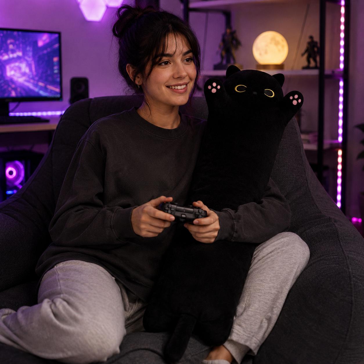 CHUBBYJOY Long Black Cat Plush Body Pillow, 20" 27" 35" 43" Soft Stuffed Cat Pillow with Raised Paws and Long Tail, Kawaii Cat Hugging Cushion for Kids Teens Adults