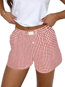 Women's Plaid Print Patched Decor Button Front Elastic Waist Shorts, Checkerboard Print Shorts, Casual Comfy Straight Leg Shorts for Summer, Ladies Bottoms for Daily Wear
