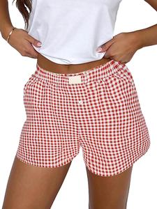 women's plaid print patched decor button front elastic waist shorts, casual comfy straight leg shorts for summer, ladies bottoms for daily wear, women workout clothes, shorts for women, womenswear, lounge shorts
