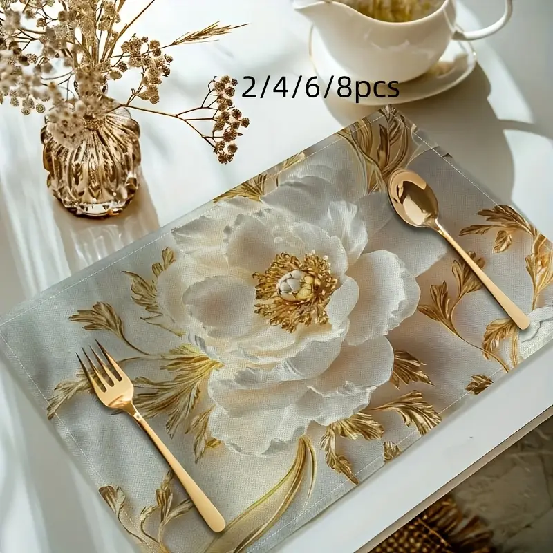 2/4/6/8pcs - Spring Elegant Floral Design Linen Set Placemats, Perfect for Seasonal Kitchen and Restaurant Decorative Table Mats in Spring Festival, Seasonal Indoor Outdoor Anniversary Decoration Placemats, Four Seasons Modern Home Accessories
