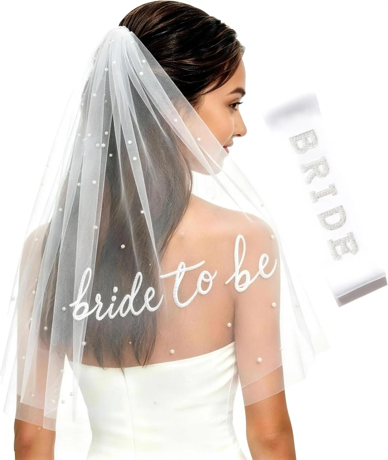 Bride To Be Sash and Veil White for Bachelorette Party Embroidered Pearl 2 Tier Veil & BRIDE Pearl, Box Packaging