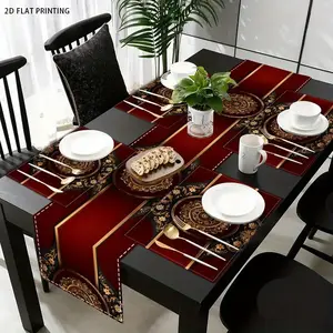 2D flat printing, set of 1 piece/4 pieces/6 pieces/5 pieces/7 pieces, European retro gold floral design table flag, placemat and Coasters, Boho Placemats, Bohemian style suitable for holiday parties, home kitchen dining table decoration and decoration