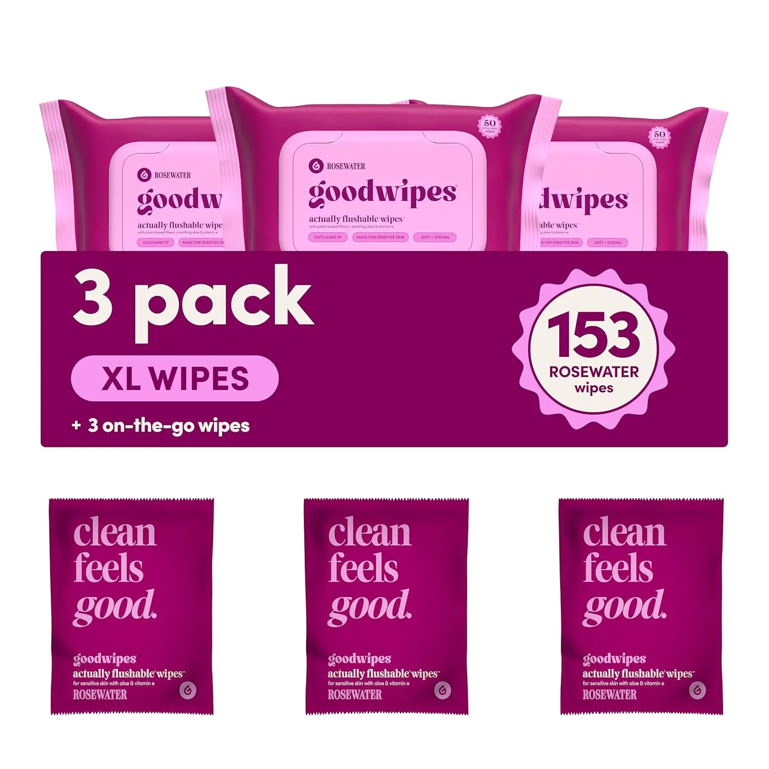 Flushable Adult Toilet Wipes with Vitamin E & Aloe - Nourishing Gentle, Rosewater Scent, Extra Large, Sewer & Septic Safe - 3 Packs + 3 Individually Wrapped Multi-Pack Home Care Bathroom Essentials (153 Wipes), Soft