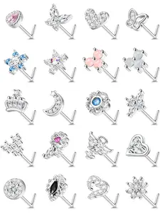 Unisex 20 Pcs Stylish Silvery Nose Piercing Kit for Women Men Premium Steel Copper Durable Construction Multiple Classic L-shape Screw Style Nose Ornaments Sparkling Zirconia Vivid Moon Star Heart Floral Butterfly Designs for Daily Nose Styling