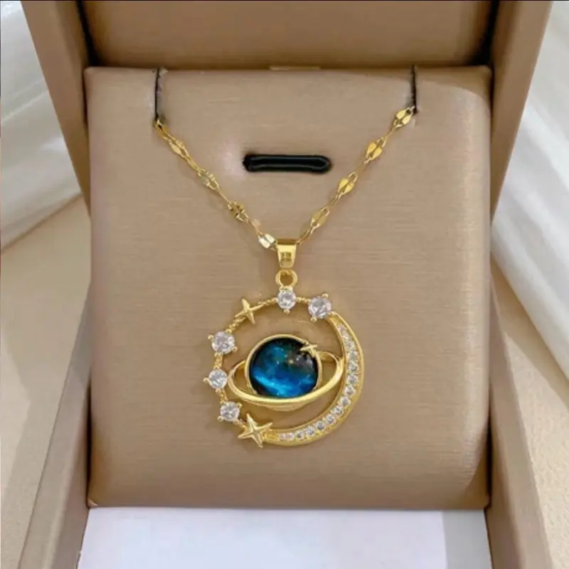 Gorgeous Starry Sky Planet Round Copper Inlaid Zirconia Pendant Necklace Jewelry