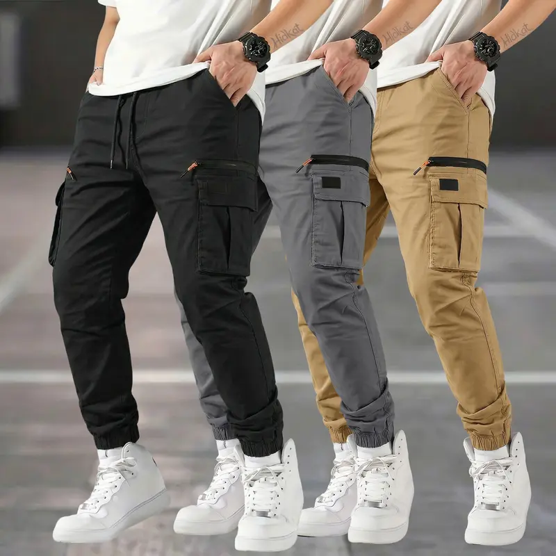 Men's 3-Pack Drawstring Cargo Pants - American Casual Straight-Leg Tapered Long Tactical Men's Work Pants, Zippered Large Pockets, All-Season Commuting Wear, Holiday Gift for Outdoor Enthusiasts, Sohochic