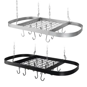 Hanging Pot Holder Pan Hanger Kitchen Ceiling Rack with 12pcs Hooks Black/Silver