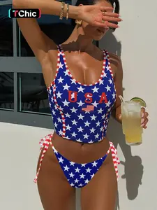 Stylish American Flag Print Stars USA Sexy Bikini Set for Women, Sleeveless Tie Side Swimsuit, Summer Beach Vacation