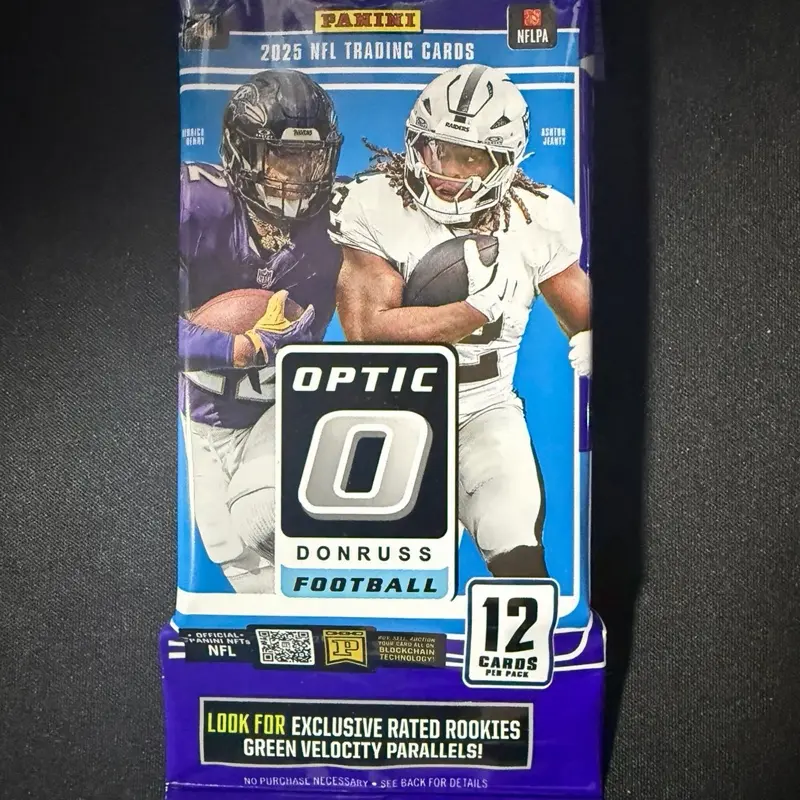 Panini Optic Donruss Football 2025 NFL Trading Cards 12 Cards Per Pack Exclusive Rated Rookies Green Velocity Parallels
