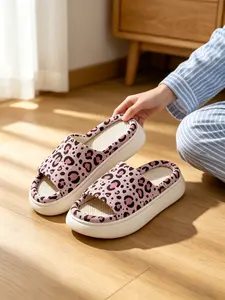 Leopard Print Linen Open-Toe Slippers, Thick Sole Breathable Unisex Indoor Home Shoes, Fashion All-Season Nonwoven Fabric PVC Sole